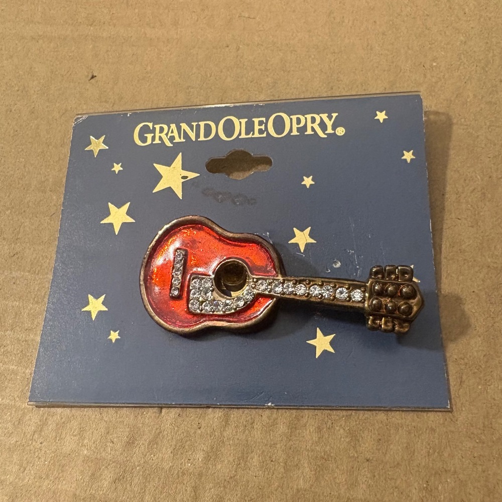 Grand Ole Opry Guitar Pin Rhinestone Red Enamel Rhinestones New Old Stock‎